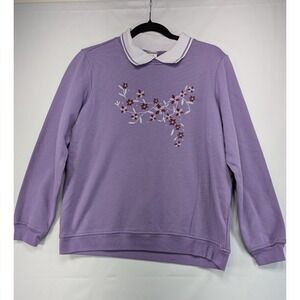 Adrian Delafield Lavender Floral Embroidered Collared Sweatshirt Mens Medium B8E